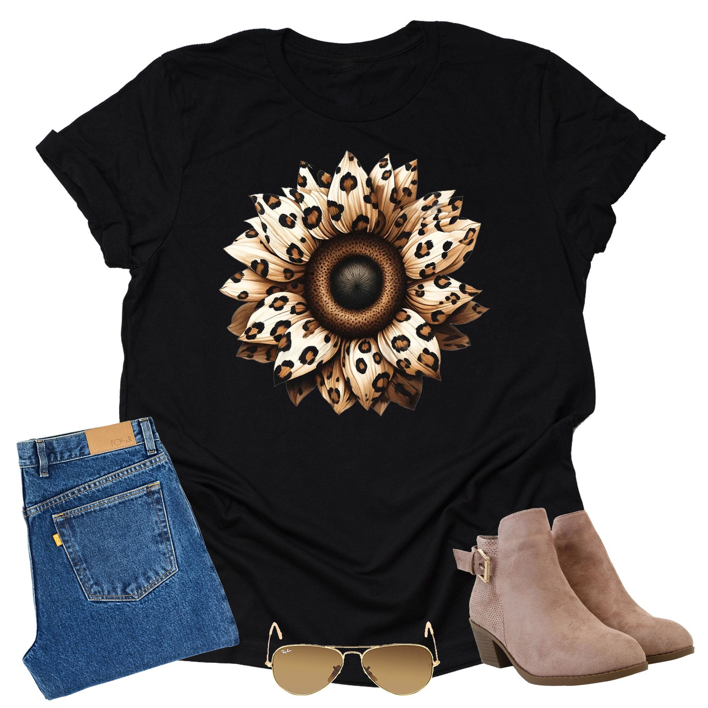 Autumn Leopard Sunflower T-Shirt - Cute Graphic Tee