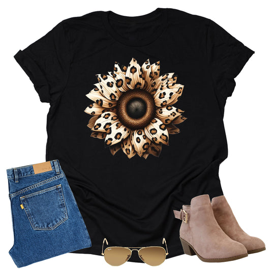 Autumn Leopard Sunflower T-Shirt - Cute Graphic Tee