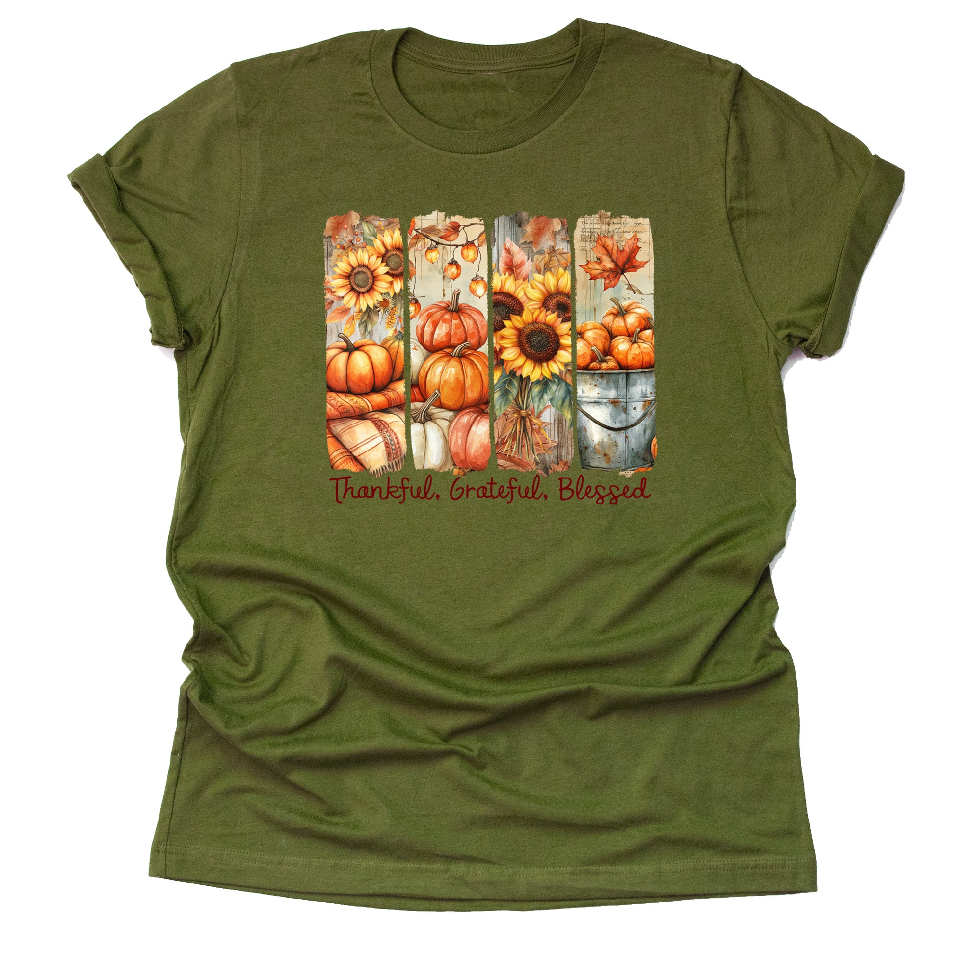 Thankful Grateful Blessed autumn pumpkin Thanksgiving printed graphic shirt tee with festive fall design