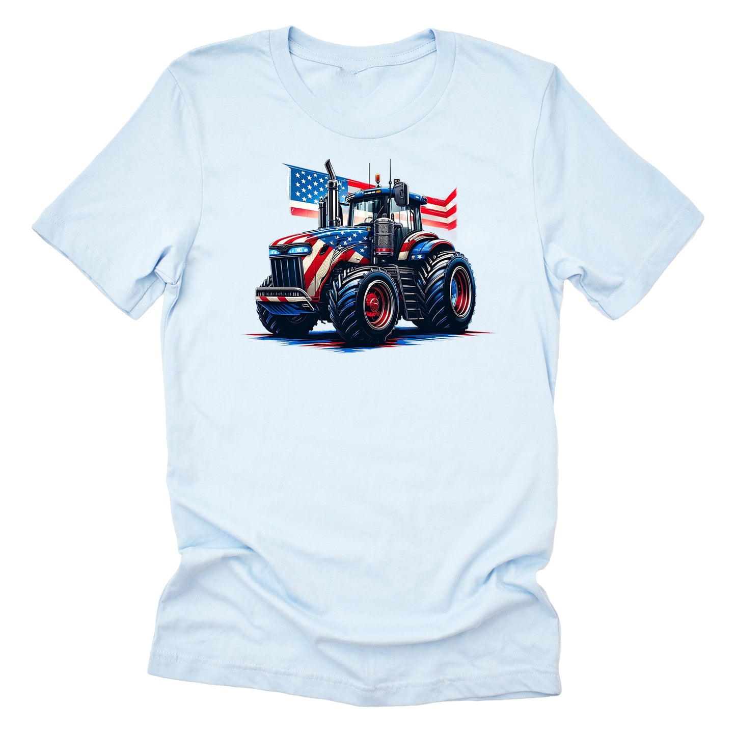 A light blue unisex short-sleeve t-shirt with a graphic of a patriotic tractor decorated with an American flag.