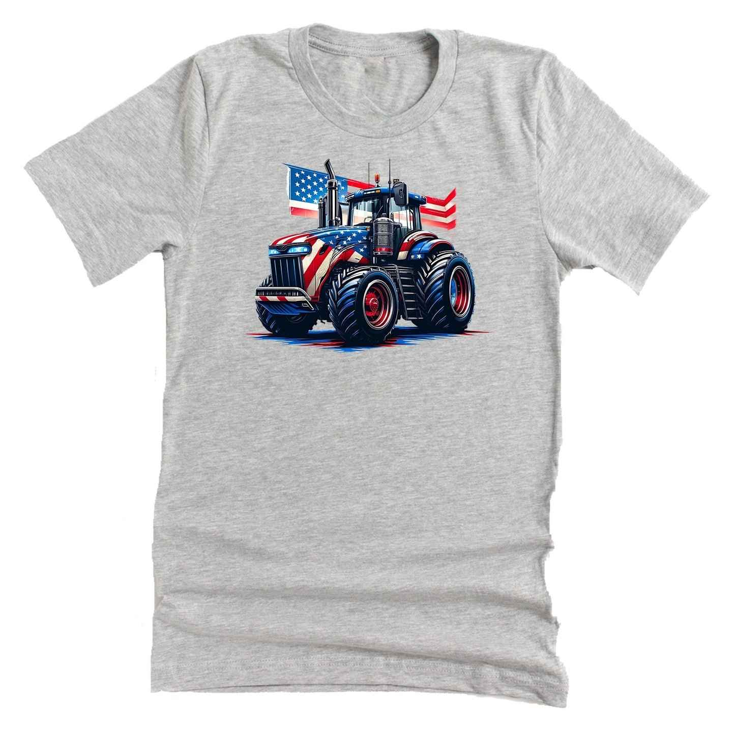 A grey unisex short-sleeve t-shirt with a graphic of a patriotic tractor decorated with an American flag.
