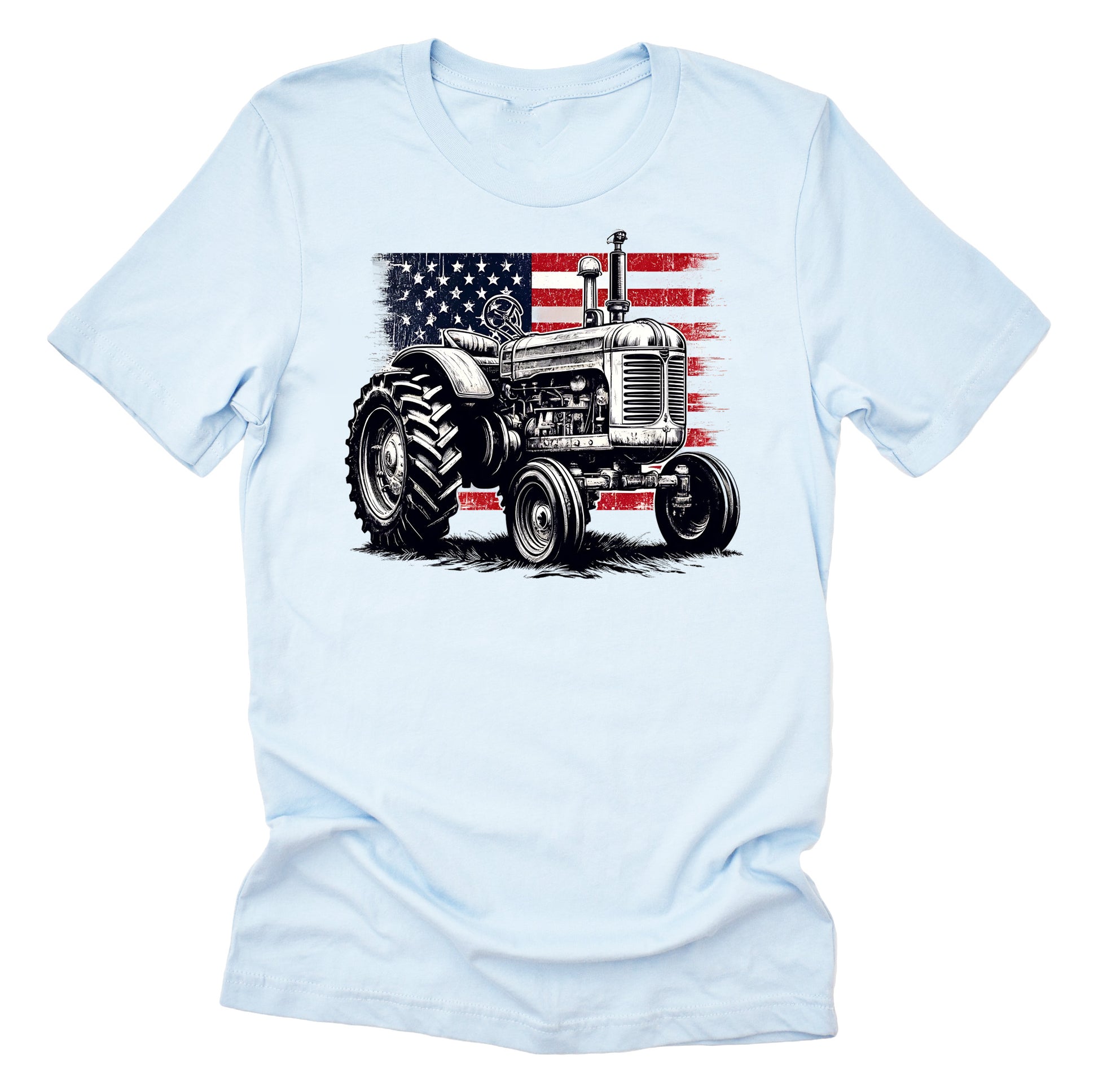 Light blue Unisex short-sleeve t-shirt with a graphic of a vintage tractor and the American flag in red, white, and blue colors.