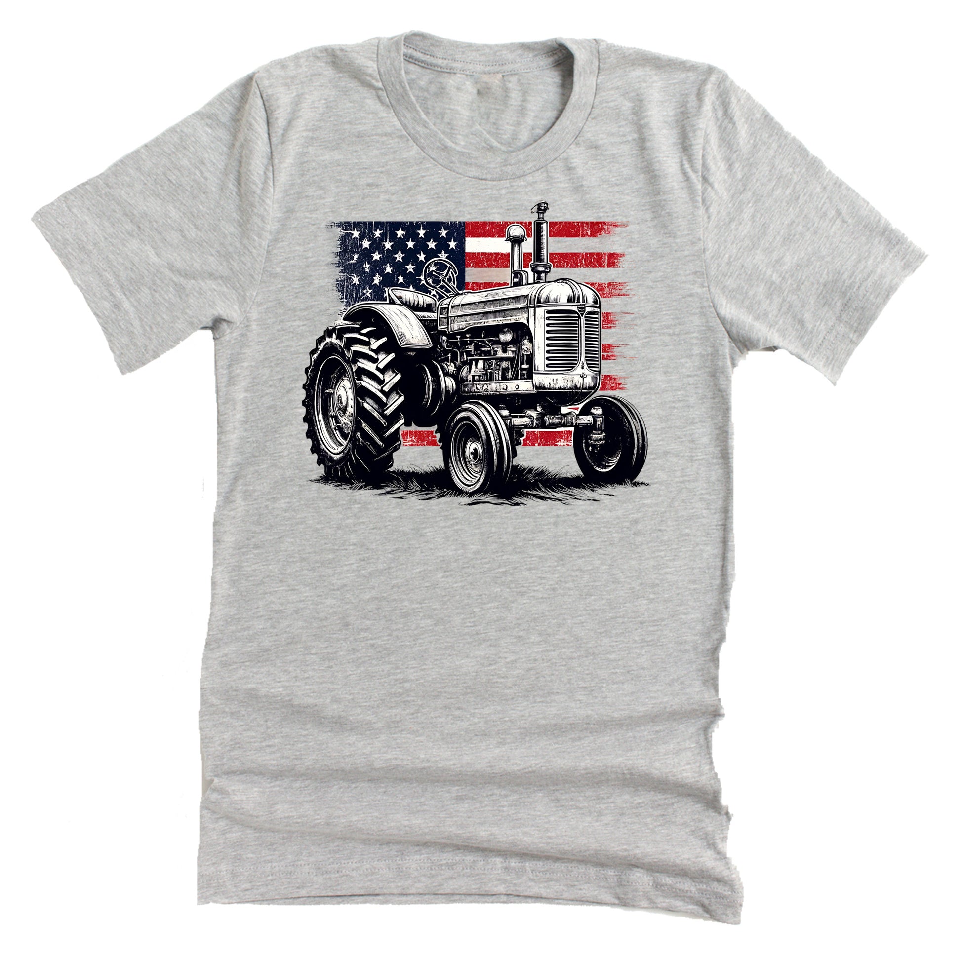 Grey unisex short-sleeve t-shirt with a graphic of a vintage tractor and the American flag in red, white, and blue colors.