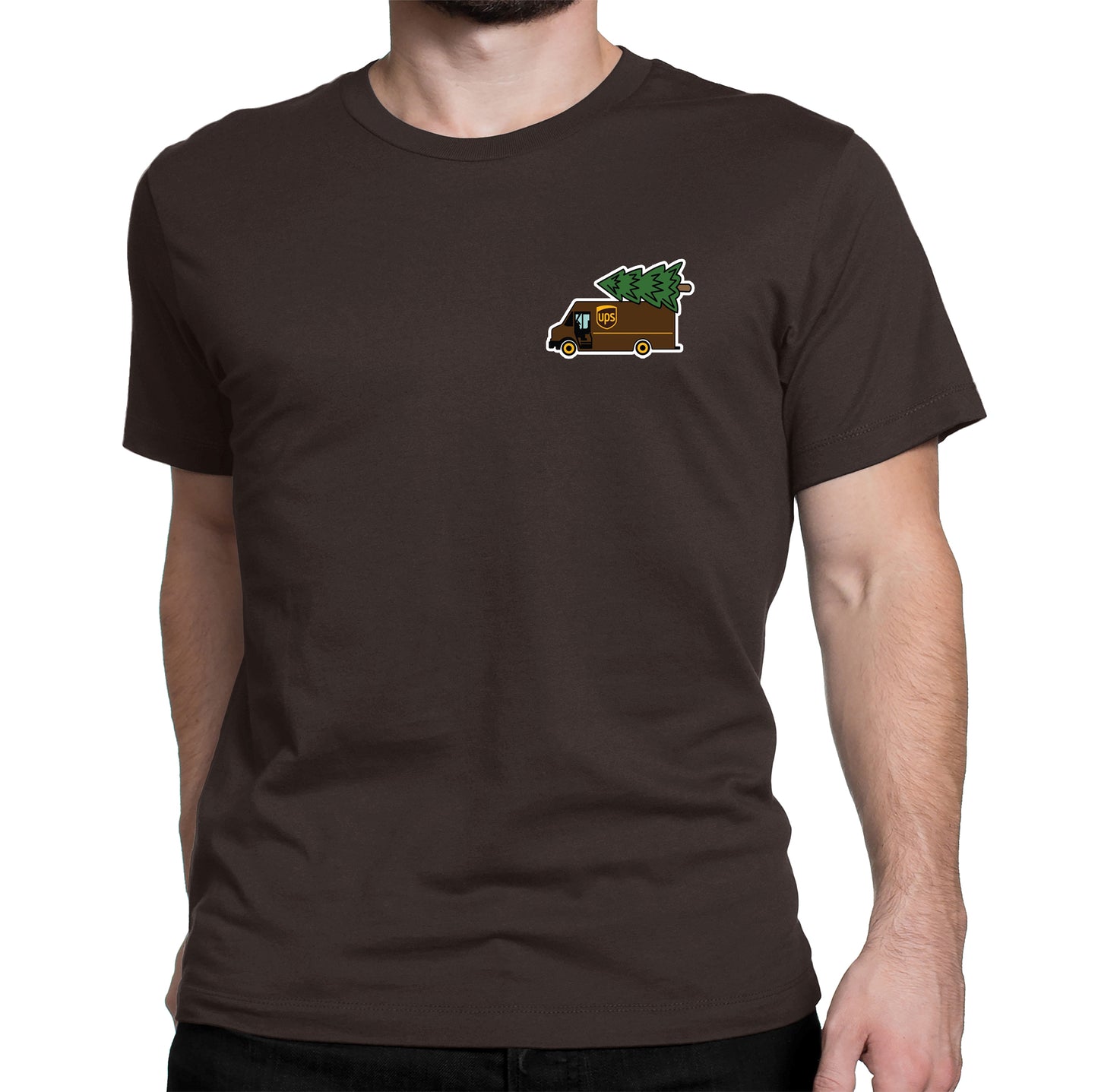 UPS delivery truck shirt with Christmas tree graphic for holiday workwear