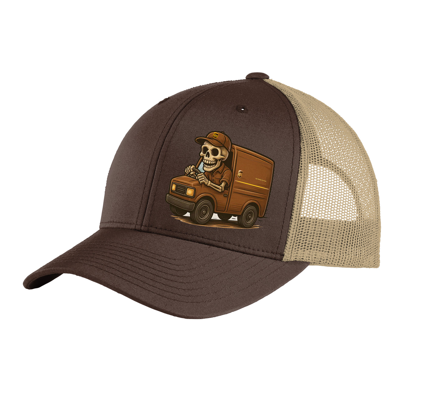 UPS skull delivery truck hat with driver graphic mesh snapback design