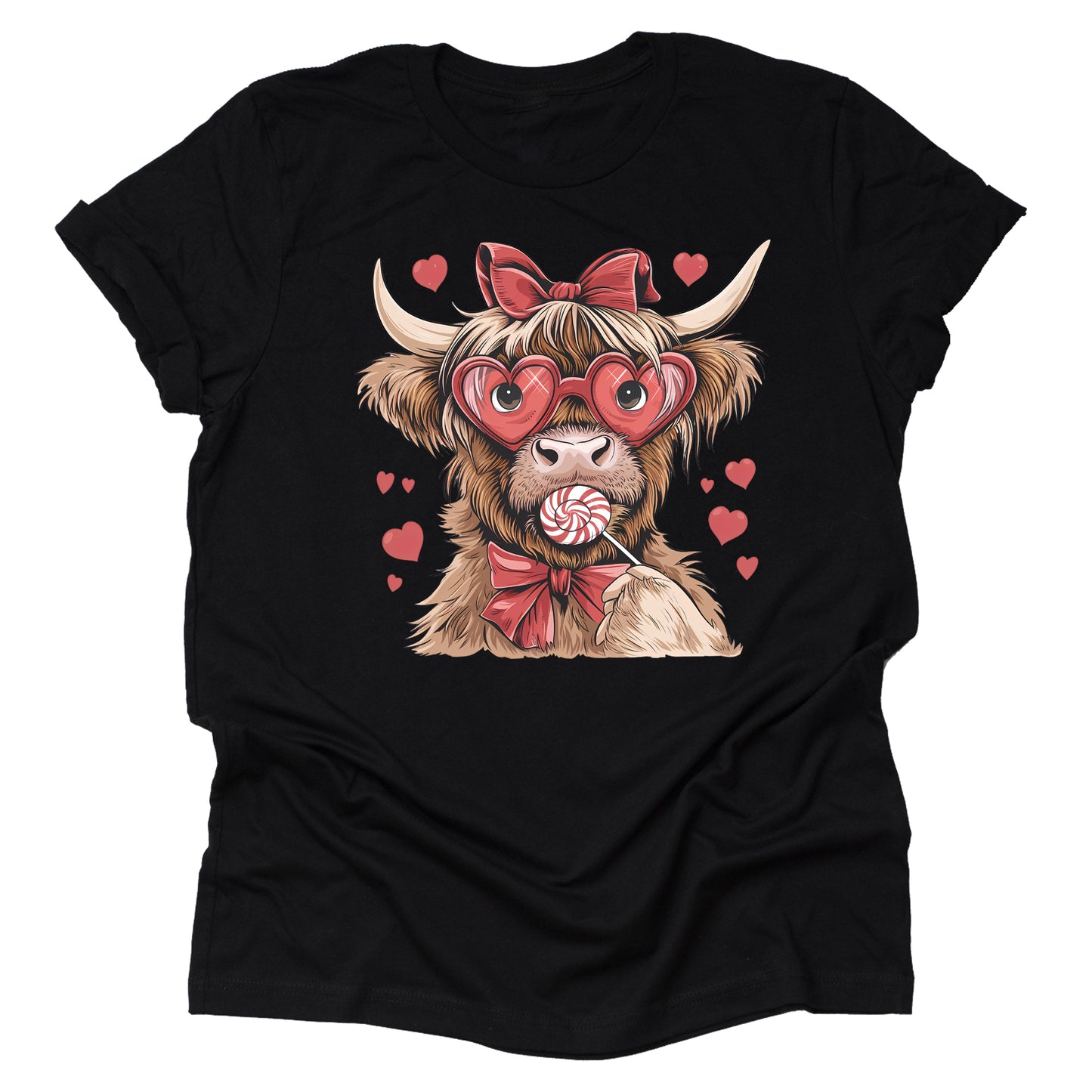 Valentine Highland Cow Lollipop Graphic Short Sleeve Shirt