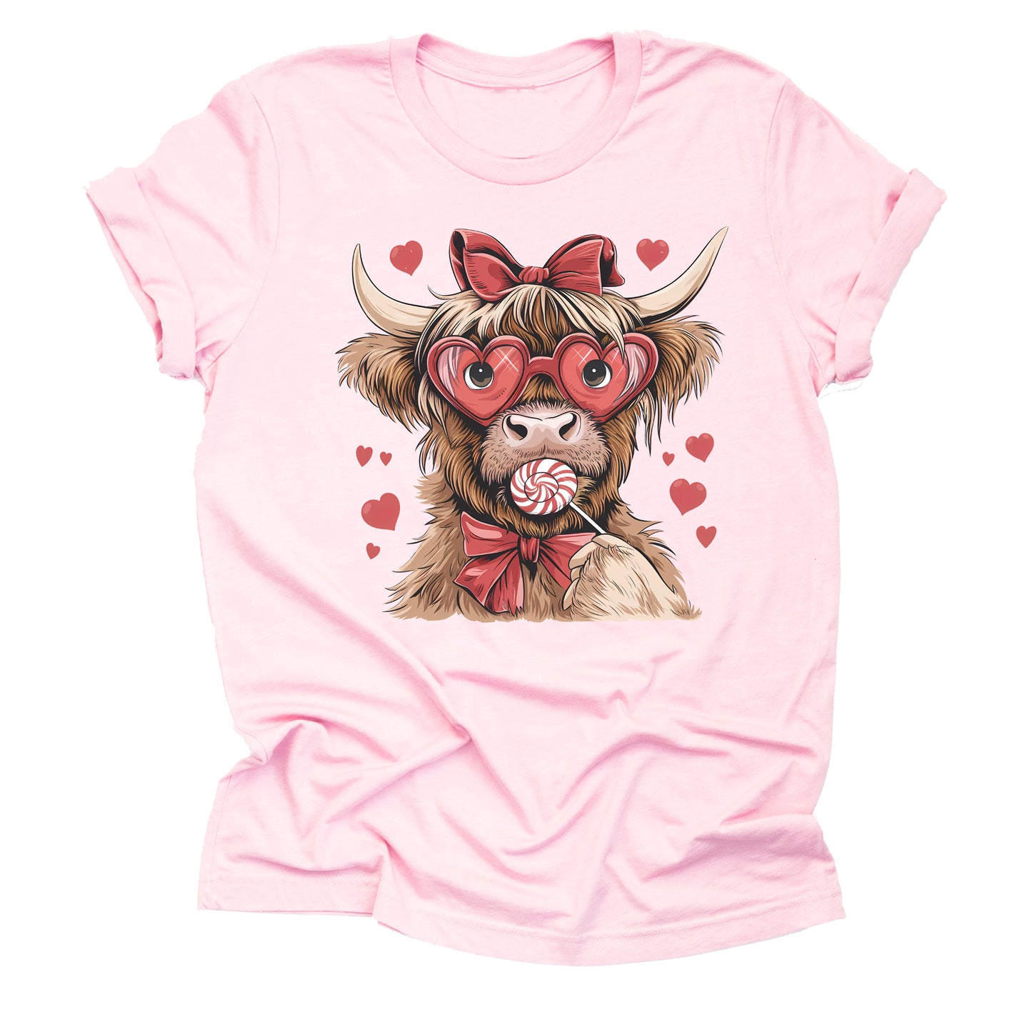 Valentine Highland Cow Lollipop Graphic Short Sleeve Shirt