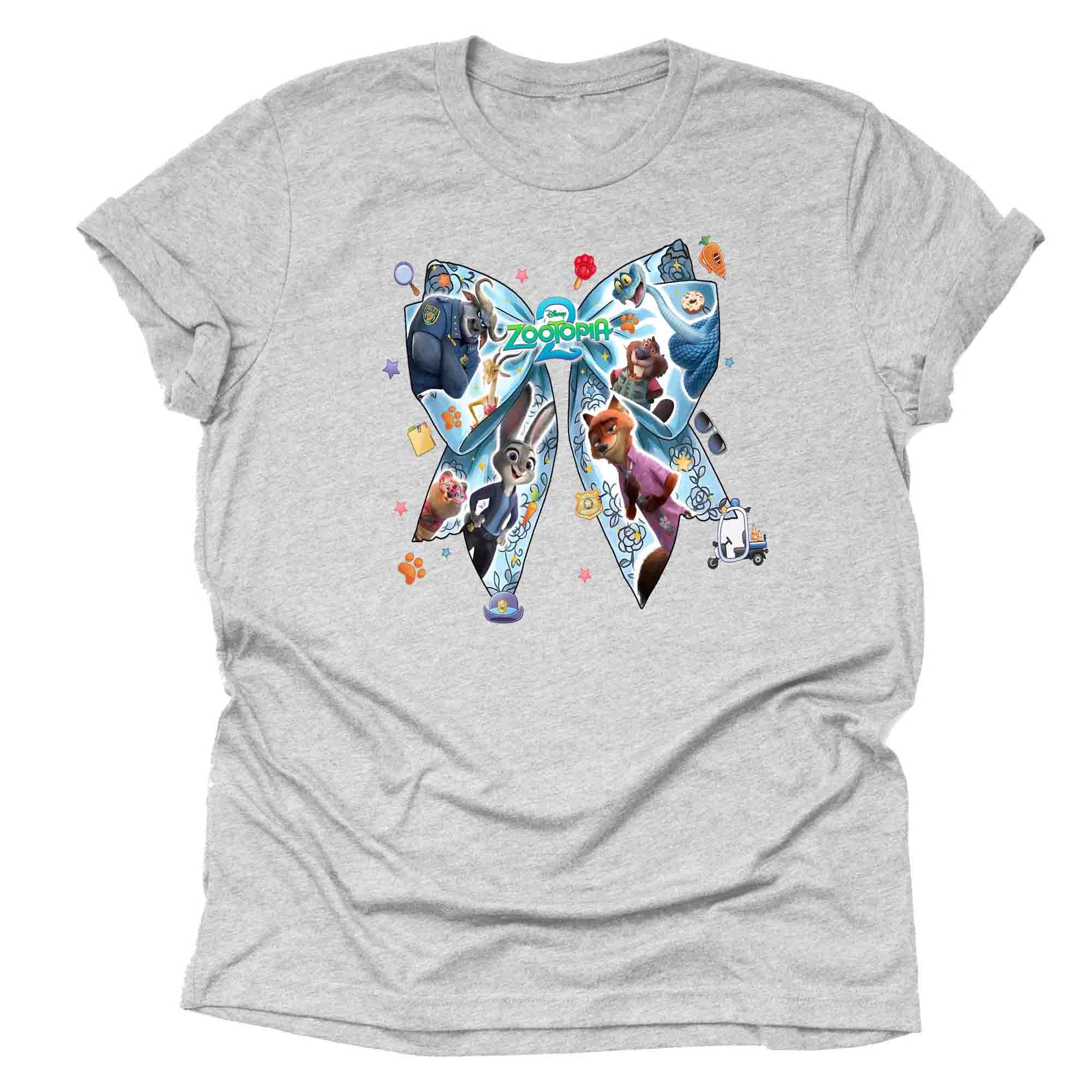 Grey zootopia bow shirt, zootopia graphic tee, cartoon bow shirt, theme park shirt, character graphic tee, vacation graphic shirt, Orlando theme park shirt, casual graphic tee