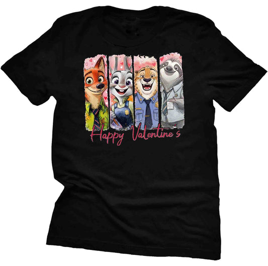 Zootopia Happy Valentine Day graphic tee with festive holiday design