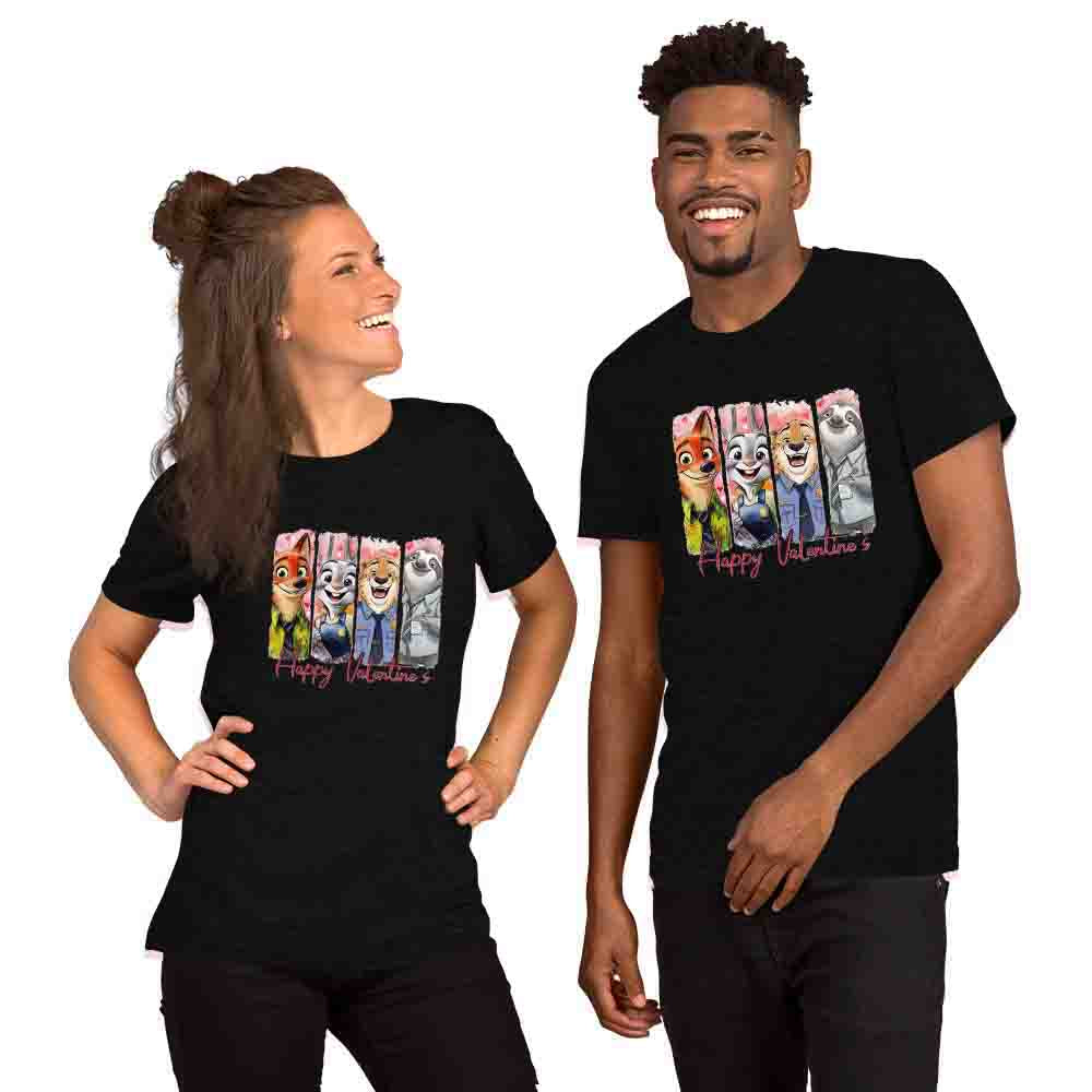 Zootopia Happy Valentine Day graphic tee with festive holiday design