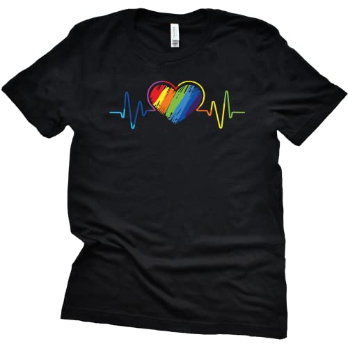 Rainbow Heartbeat Black T-Shirt for Pride Celebration