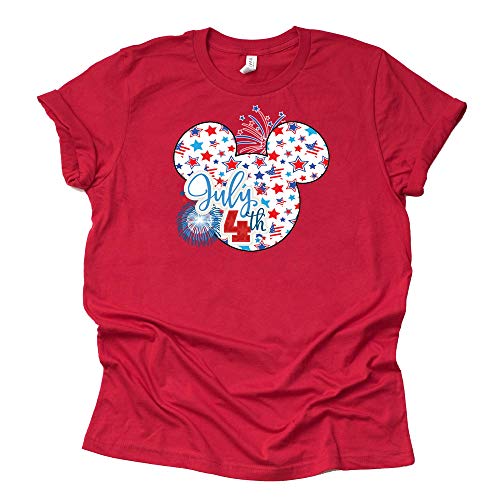A red t-shirt with a graphic of Mickey Mouse and the American flag on it, celebrating July 4th.