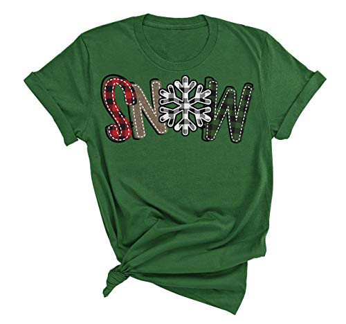 Buffalo Plaid Graphic Tee with Snow Print for Women