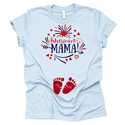A blue t-shirt with 'American Mama' text and heart graphics, featuring a graphic of a pair of feet and a star.