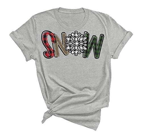 Buffalo Plaid Graphic Tee with Snow Print for Women