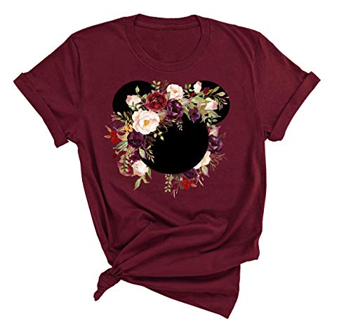 Burgundy Floral Mickey Shirt for Women – Stylish Graphic Tee