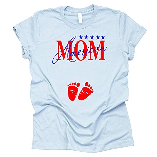 light blue casual short sleeve t-shirt with American Mom in red and blue graphics, Blue stars and red baby feet