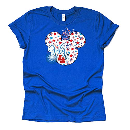 A blue t-shirt with a graphic of Mickey Mouse and the American flag on it, celebrating July 4th.