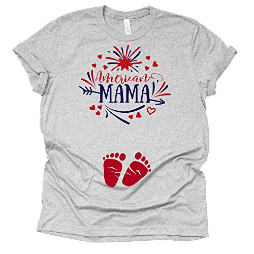 A grey t-shirt with 'American Mama' text and heart graphics, featuring a graphic of a pair of feet and a star.