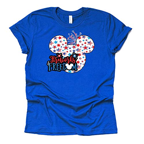 A blue unisex short sleeve T-shirt with a design featuring Mickey Mouse and the text 'Disney's Freedom Fireworks' against a stars and stripes background.