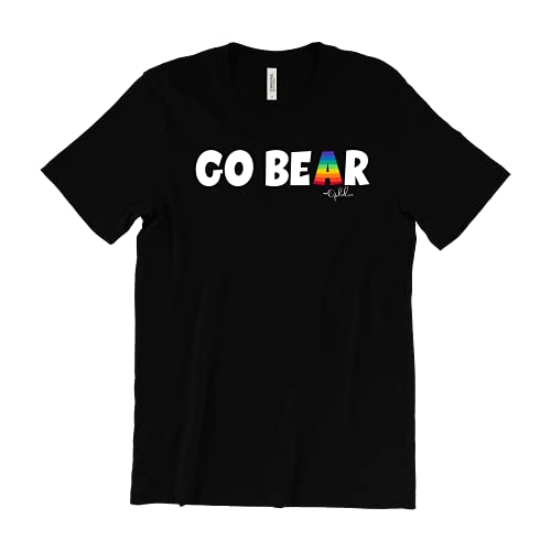 A black casual short sleeve unisex t-shirt with 'GO BEAR' text and a bear graphic design on the front.